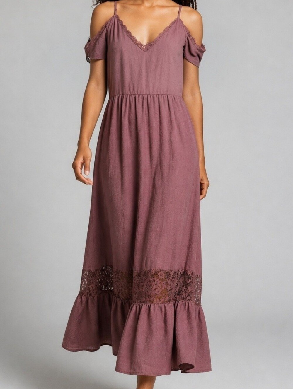 Joyfolie Mauve Lace-Trim Cold-Shoulder Maxi Dress Romantic Indie Praire